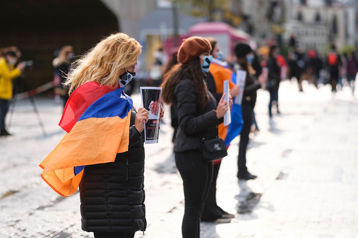 Armenians Demonstrate For Nagorno-Karabakh BRUSSELS, BELGIUM - OCTOBER 24: Armenians demonstrate in Place de la Monnaie, for peace in the Nagorno-Karabakh region, on October 24, 2020, in Brussels, Belgium. Armenian Prime Minister Nikol Pashinyan has admitted that his forces have suffered significant casualties in the battle with Azerbaijan for the disputed territory of Nagorno-Karabakh (Artsakh). (Photo by Thierry Monasse/Getty Images)