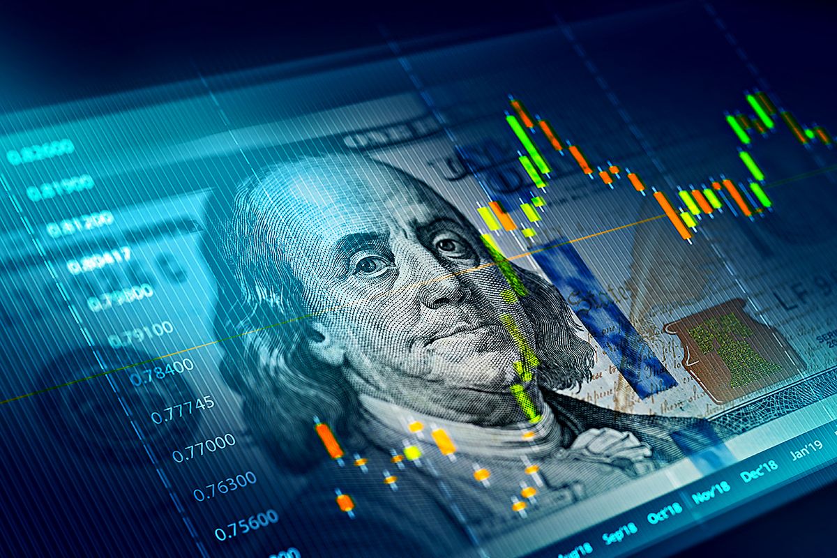 Financial market design concept, The stock market chart on 100 dollar bill background