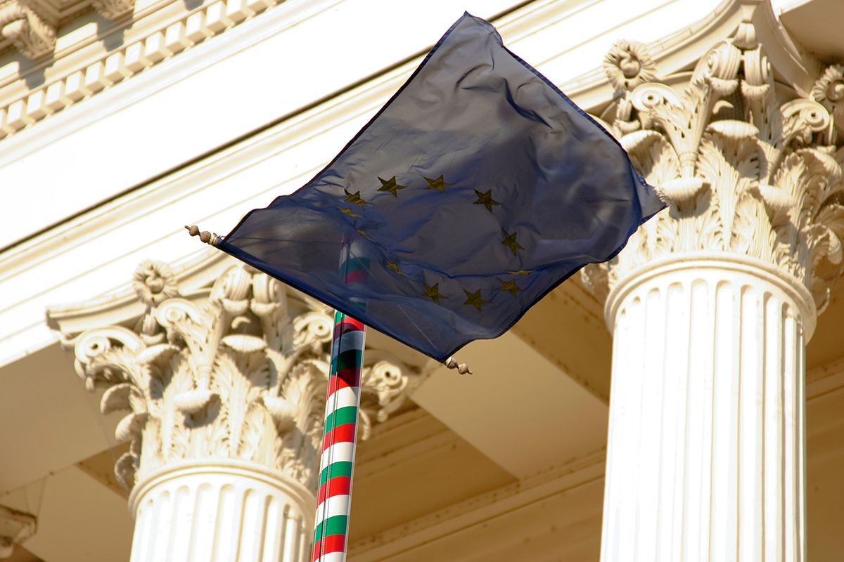 eu flag Europien Union flag in front of Hungarian National Museum (Magyar Nemzeti MAzeum) in Budapest, Central Europe