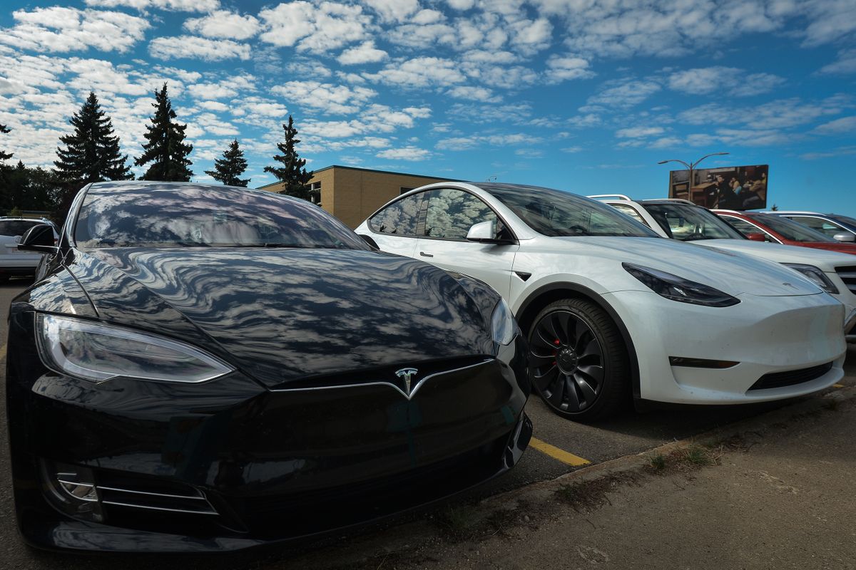 Two Tesla cars parked in Edmonton center.Thursday, August 26, 2021, in Edmonton, Alberta, Canada.