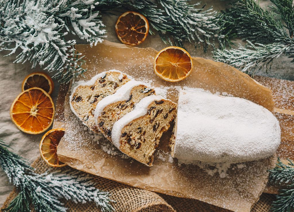 Christmas stollen with winter holidays decoration Traditional Christmas pastry dessert - Stollen