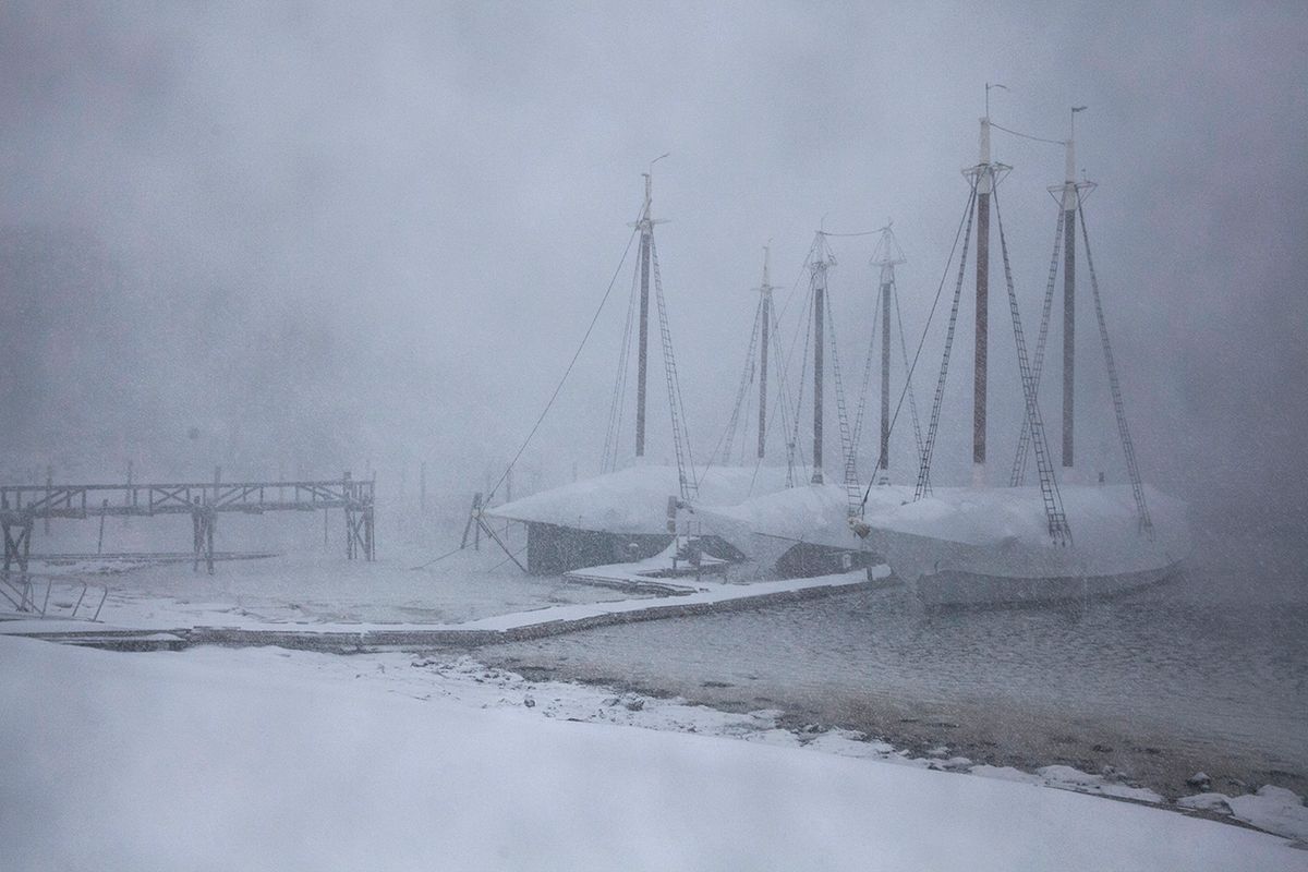 Major Blizzard Hammers East Coast With High Winds And Heavy Snow CAMDEN, ME - MARCH 14: From left, the ketch Angelique, and schooners Lewis R. French and Mary Day sit wrapped for winter in the Camden Harbor as winds around 30 m.p.h. and heavy snow roll into town on March 14, 2017 in Camden, Maine. A blizzard is forecast to bring more than a foot of snow and high winds to up to eight states in the Northeast region, as New York and New Jersey are under a state of emergency.  School districts across the entire region were closed and thousands of flights were canceled. (Photo by Sarah Rice/Getty Images)