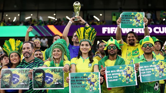 Croatia v Brazil: Quarter Final - FIFA World Cup Qatar 2022 AL RAYYAN, QATAR - DECEMBER 09: Brazil fans hold up posters in support of former Brazil player Pele prior to the FIFA World Cup Qatar 2022 quarter final match between Croatia and Brazil at Education City Stadium on December 09, 2022 in Al Rayyan, Qatar. (Photo by Michael Steele/Getty Images)