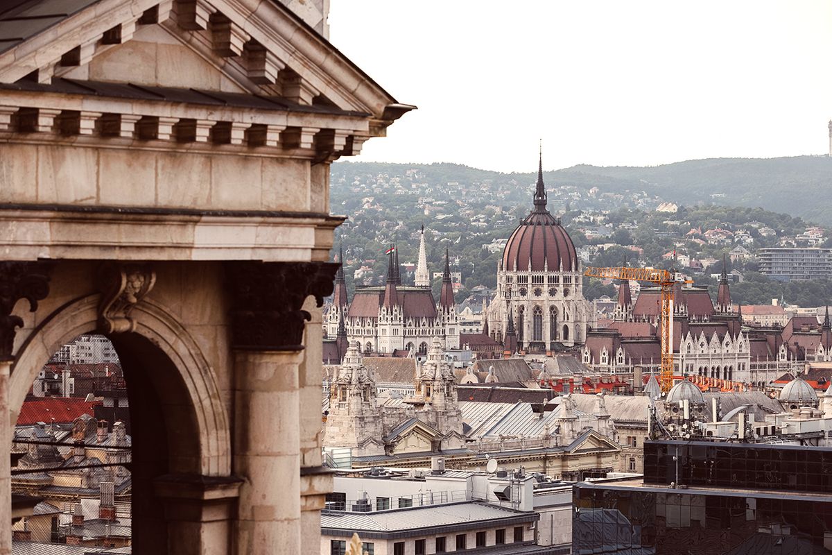 Budapest skyline with Hungarian Parliament building, high angle view, Hungary