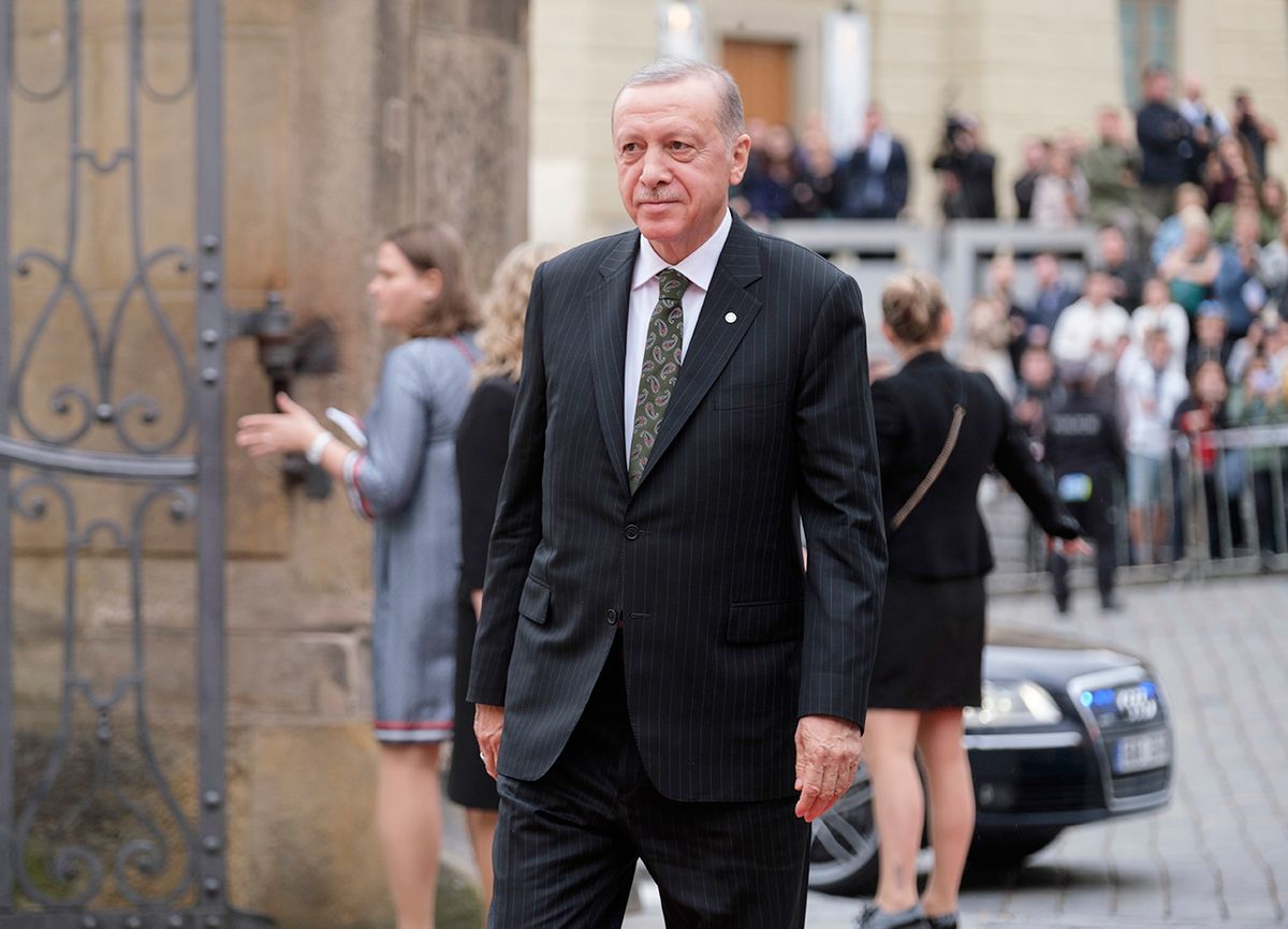 European Political Community Meeting In Prague,
PRAGUE, CZECH REPUBLIC - OCTOBER 6: President of Turkey Recep Tayyip Erdogan is walking on the red carpet at the arrival of the first European Political Community meeting in Prague Castel on October 6, 2022 in Prague, Czech Republic. The European Political Community is an intergovernmental cooperation organization project, launched on the initiative of Emmanuel Macron during the French presidency of the Council of the European Union in 2022, in the context of the invasion of Ukraine by the Russia in 2022. The project aims to foster political dialogue and cooperation to address issues of common interest, so as to strengthen the security, stability and prosperity of the European continent; while allowing better support for candidates for membership. The challenge is to be able to stabilize European borders at a distance from the EU and to renew a relationship with countries such as Turkey, Ukraine and the United Kingdom. (Photo by Thierry Monasse/Getty Images)