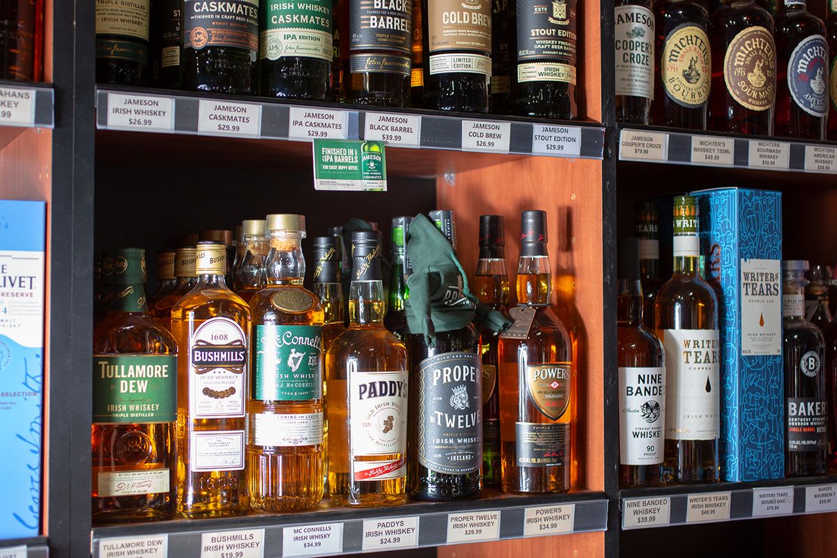 Los,Angeles,,California,,United,States,-,05-23-2021:,A,View,OfLos Angeles, California, United States - 05-23-2021: A view of several brands of Irish whiskey, seen at a local liquor store.