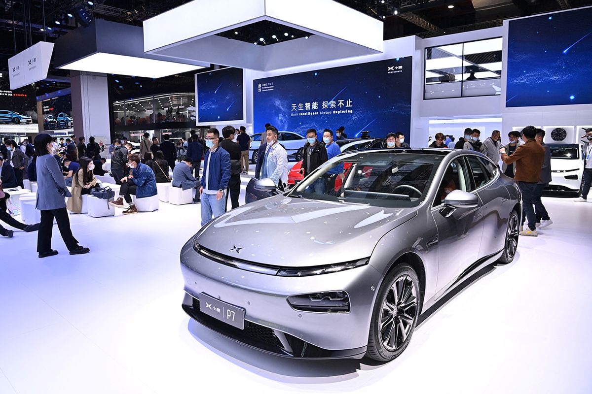 A Xpeng P7 car is seen during the 19th Shanghai International Automobile Industry Exhibition in Shanghai on April 19, 2021. (Photo by Hector RETAMAL / AFP)