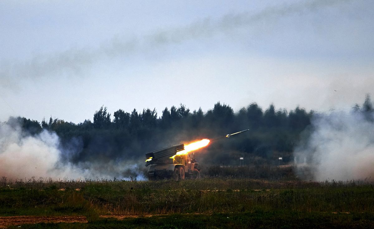 Alabino, Moscow region, Russia, August 26, 2021. International military-technical forum "Army-2021", Alabino military training ground. Multiple launch rocket system "Grad"