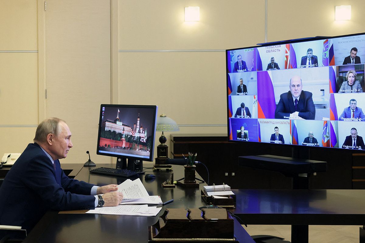 Russian President Vladimir Putin chairs a meeting of the Council for Strategic Development and National Projects via video link at the Novo-Ogaryovo state residence, outside Moscow, on December 15, 2022. (Photo by Mikhail Metzel / SPUTNIK / AFP)