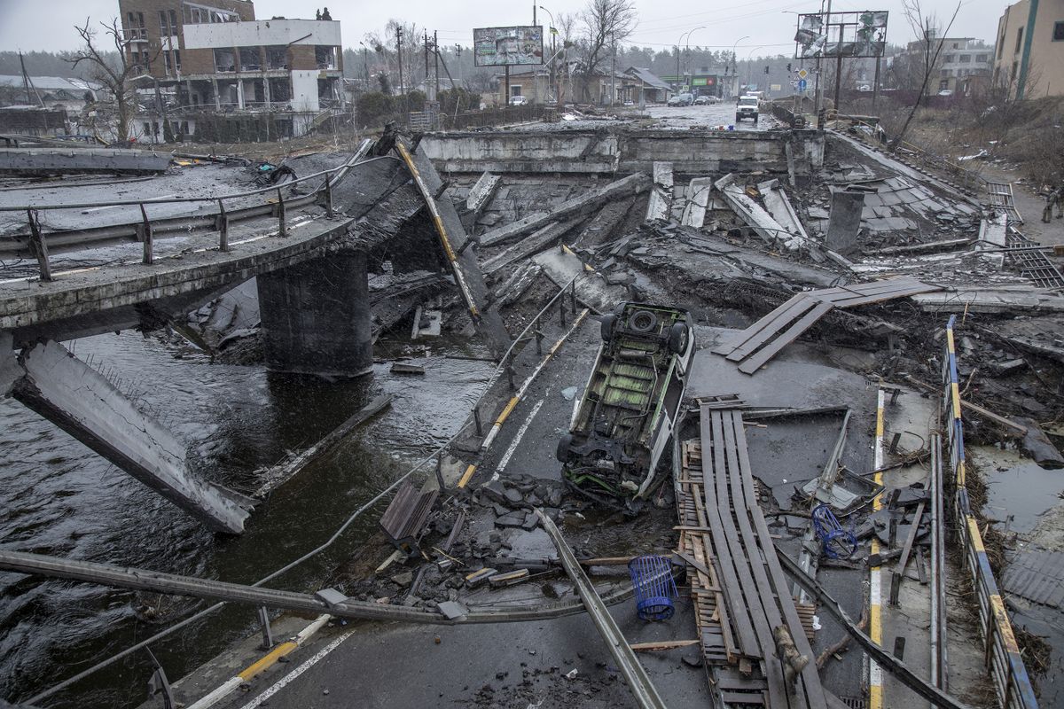 IRPIN, KYIV PROVINCE, UKRAINE, APRIL 03: A collapsed bridge is seen in the town of Irpin, on the outskirts of Kyiv, after the Ukrainian army secured the area following the withdrawal of the Russian army from the Kyiv region on previous days, Irpin, Ukraine on April 03, 2022. 
