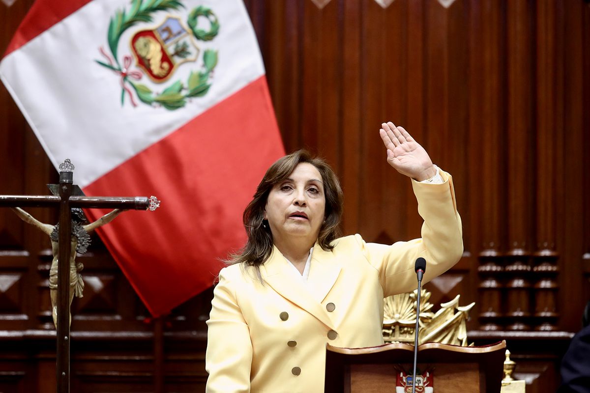 Vice President Dina Boluarte sworn in as Peru's new leader after Congress removes President Pedro Castillo LIMA, PERU - DECEMBER 07: (----EDITORIAL USE ONLY - MANDATORY CREDIT - "CONGRESS OF REPUBLIC OF PERU / HANDOUT" - NO MARKETING NO ADVERTISING CAMPAIGNS - DISTRIBUTED AS A SERVICE TO CLIENTS----) Vice President Dina Boluarte swears in as Peru's new leader after Congress removes President Pedro Castillo in Lima, Peru on December 07, 2022. Peruâs Congress swears in Dina Boluarte, Pedro Castilloâs former vice president, as the countryâs new and first-ever female president. Peru has seen a series of presidents removed from office or imprisoned on allegations of corruption over the past three decades. Castillo is the latest of a long line of presidents whose terms ended prematurely amid chaos and scandals. (Photo by Congress of Republic of Peru / Handout/Anadolu Agency via Getty Images)