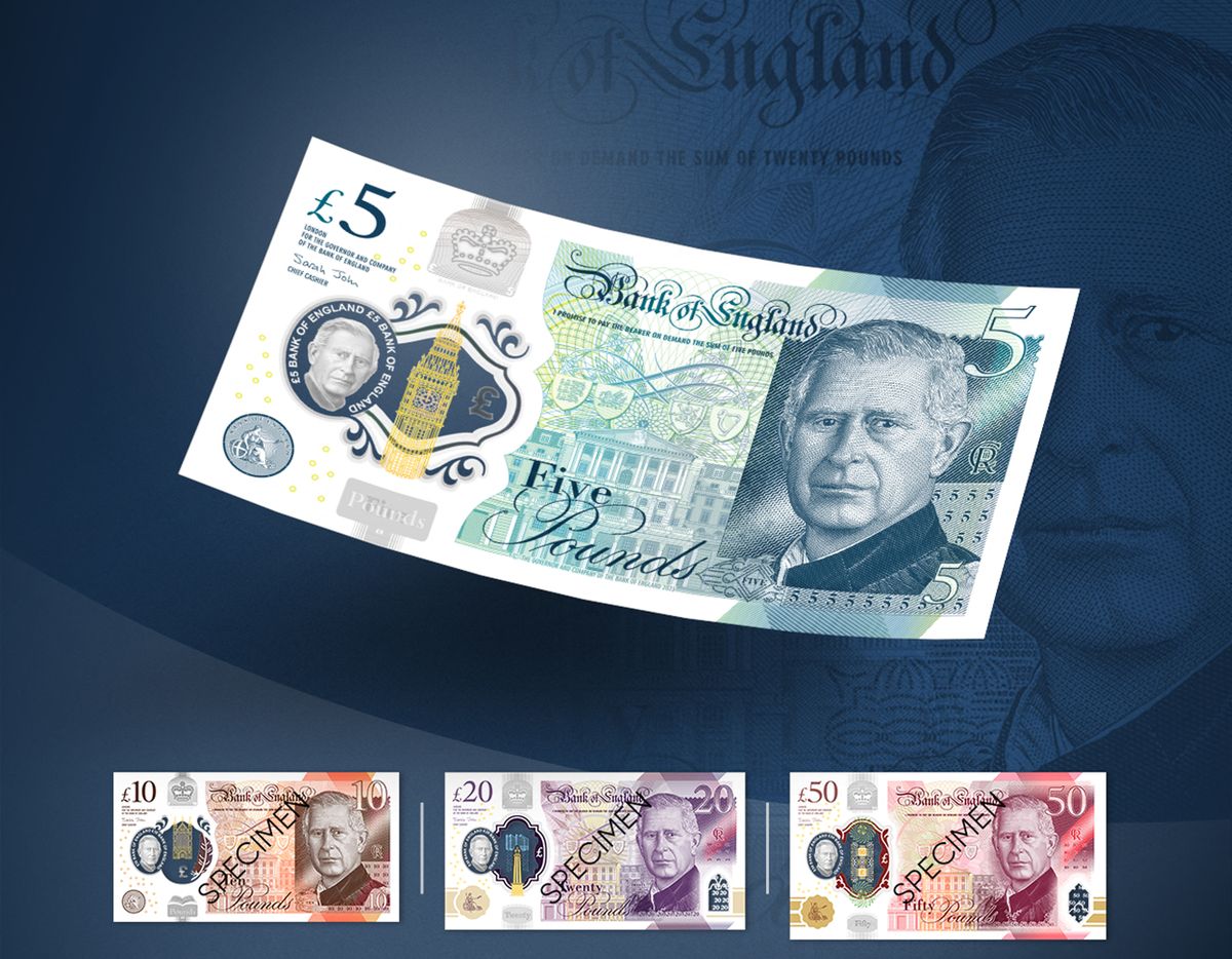 A handout photograph released by the Bank of England in London on December 19, 2022 shows the design of the new five, ten, twenty and fifty pound polymer banknotes featuring a portrait of Britain's King Charles III, that are expected to enter circulation by mid-2024.