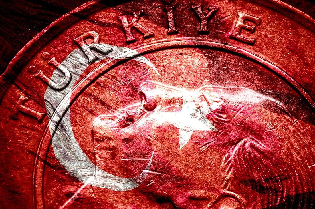 Flag of Turkey Superimposed with 1 Turkish Lira Coin with the Portrait of Kemal Atatürk