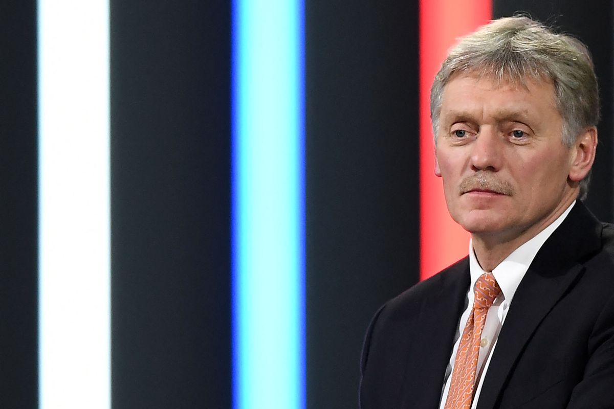 Kremlin spokesman Dmitry Peskov moderates Russian President Vladimir Putin's annual press conference at the Manezh exhibition hall in central Moscow on December 23, 2021.