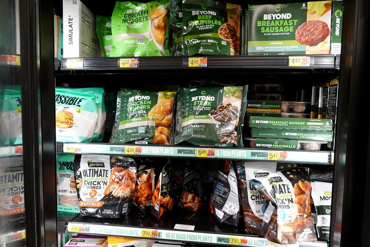 MIAMI, FLORIDA - NOVEMBER 21: Beyond Meat products, including breakfast sausage, steak, chicken tenders, and beef crumbles, share freezer space with Gardein plant-based food in a grocery store on November 21, 2022 in Miami, Florida. Beyond Meats stock has slumped nearly 83 percent in the past year as the company is losing money and amassing debt. 