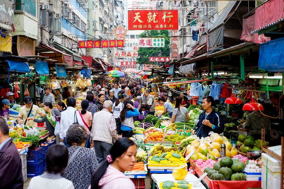 Hong Kong Street Market A busy street produce market in Hong Kong, China.
