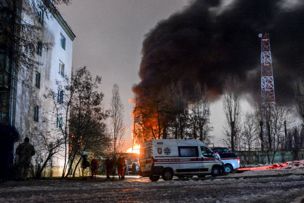 A critical power infrastructure object burns after a Russian