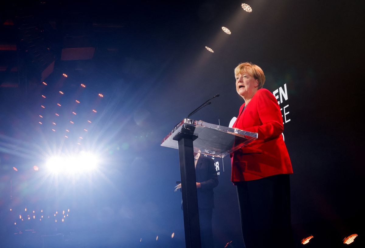 Germany's former chancellor Angela Merkel delivers a speech during a ceremony to receive the UNHCR Nansen Refugee Award for protecting refugees at height of Syria crisis, in Geneva on October 10, 2022.