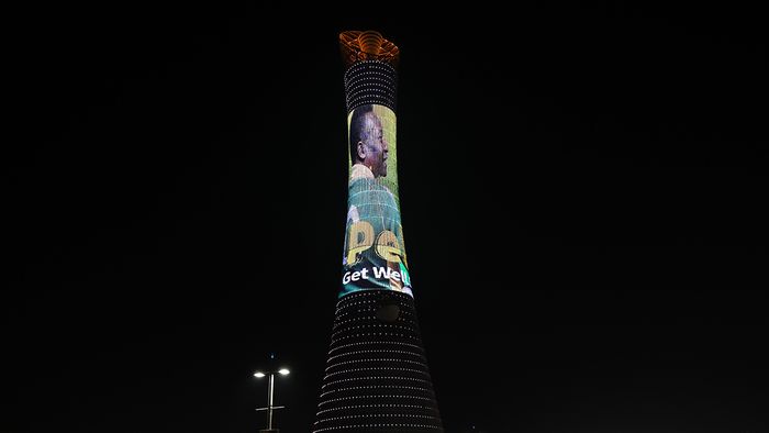Around Qatar - FIFA World Cup Qatar 2022DOHA, QATAR - DECEMBER 03: A giant picture of  FIFA Legend Pele is displayed on  the Aspire Tower during the FIFA World Cup Qatar 2022 at  on December 03, 2022 in Doha, Qatar. (Photo by Tullio Puglia - FIFA/Getty Images)