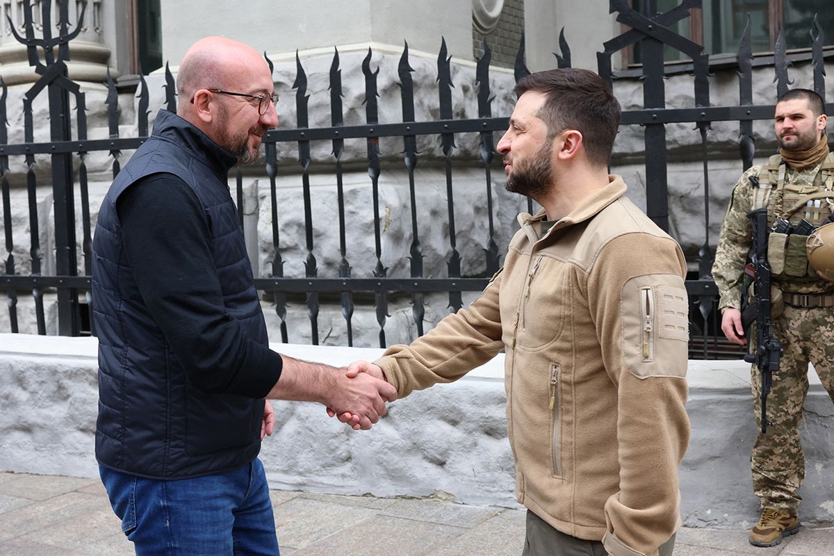 President of the European Council Charles Michel in Kyiv KYIV, UKRAINE - APRIL 20 : (---EDITORIAL USE ONLY – MANDATORY CREDIT - "EUROPEAN COUNCIL / POOL" - NO MARKETING NO ADVERTISING CAMPAIGNS - DISTRIBUTED AS A SERVICE TO CLIENTS----) President of the European Council Charles Michel meets President of Ukraine Volodymyr Zelenskyy in Kyiv, Ukraine on April 20, 2022. EUROPEAN COUNCIL / POOL / Anadolu Agency (Photo by EUROPEAN COUNCIL / POOL / ANADOLU AGENCY / Anadolu Agency via AFP)