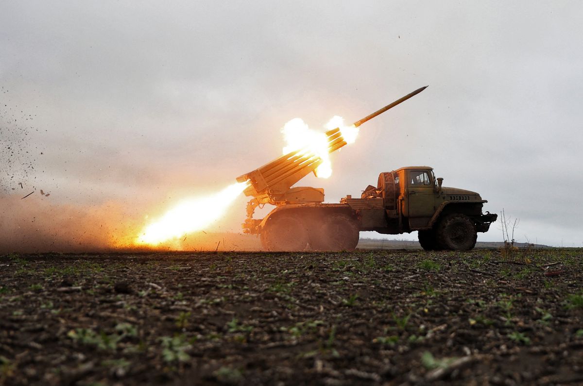 A BM-21 'Grad' multiple rocket launcher fires towards Russian positions on the front line near Bakhmut, Donetsk region, on November 27, 2022, amid the Russian invasion of Ukraine. 