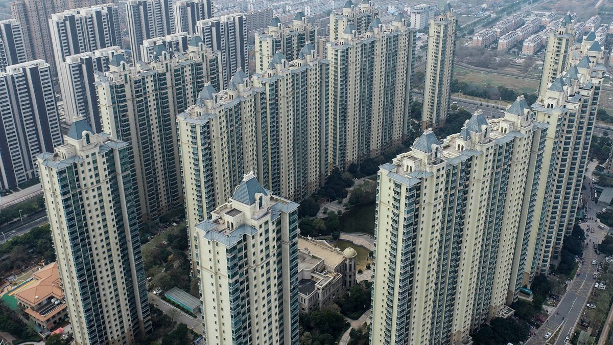 This aerial photo taken on December 3, 2022 shows a housing complex by Chinese property developer Evergrande in Huaian, in China's eastern Jiangsu province.