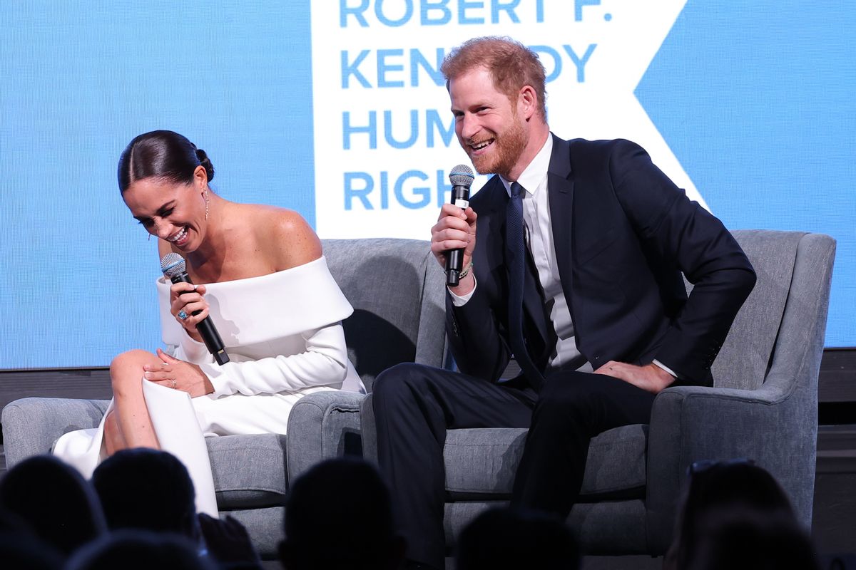 NEW YORK, NEW YORK - DECEMBER 06: Meghan, Duchess of Sussex and Prince Harry, Duke of Sussex speak onstage at the 2022 Robert F. Kennedy Human Rights Ripple of Hope Gala at New York Hilton on December 06, 2022 in New York City. 