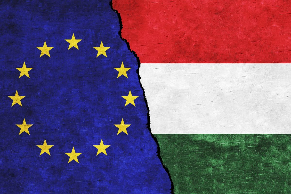 Hungary,And,Eu,Painted,Flags,On,A,Wall,With,A