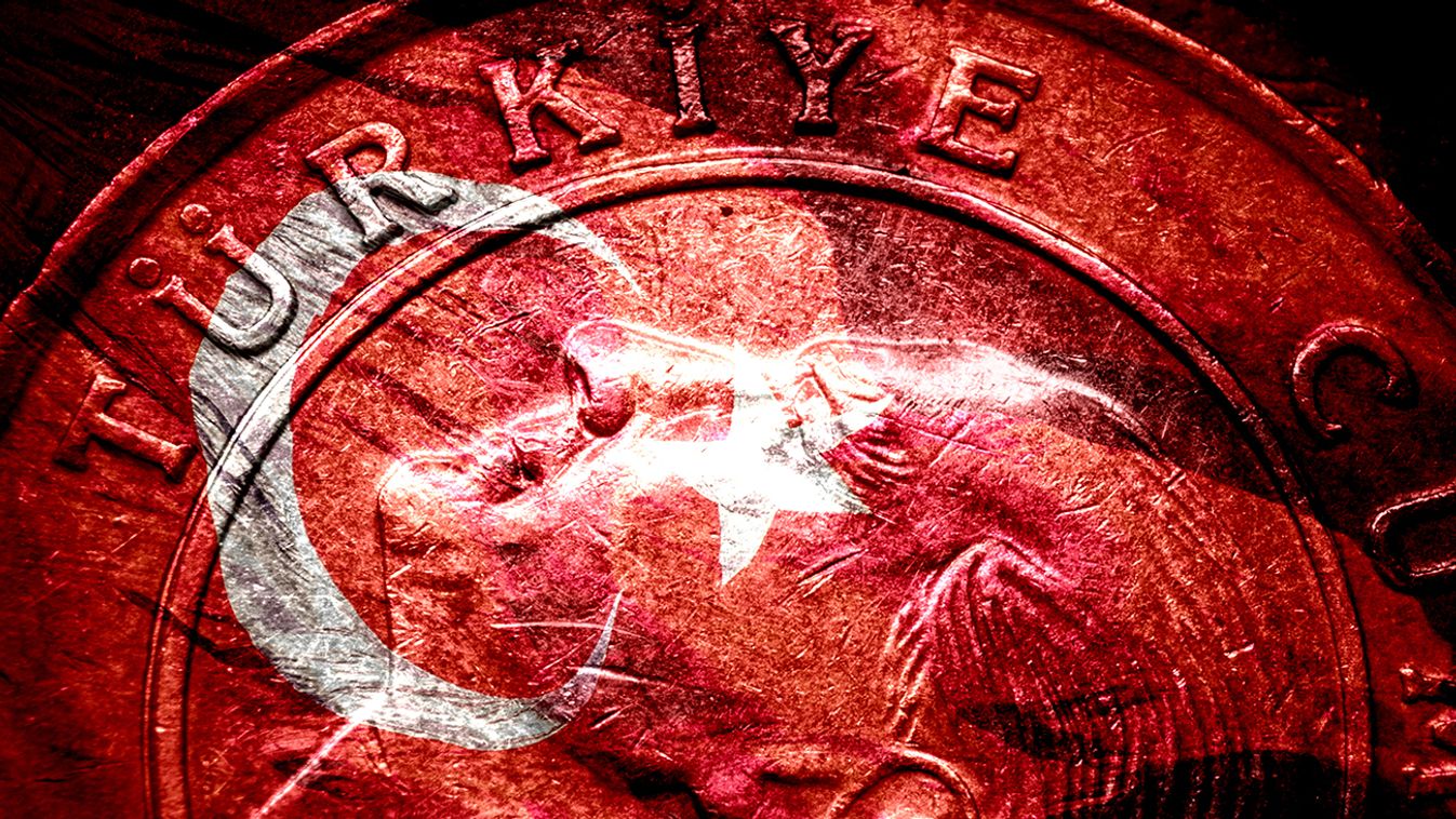 Flag of Turkey Superimposed with 1 Turkish Lira Coin with the Portrait of Kemal Atatürk