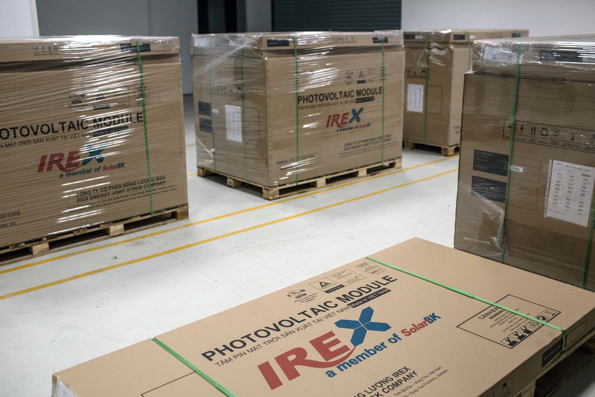 Boxes of solar panels sit in a storage facility at Irex Energy JSC's manufacturing facility in Vung Tau, Vietnam, on Monday, July 15, 2019. After U.S. President Donald Trump slapped higher tariffs on China, production in neighboring Vietnam went into overdrive. Chinese manufacturers, who face a 55% U.S. tariff on their goods, relocated some production to Vietnam, while local businesses saw a jump in orders. In June alone, U.S. imports of solar cells from Vietnam surged 656% from a year ago. 