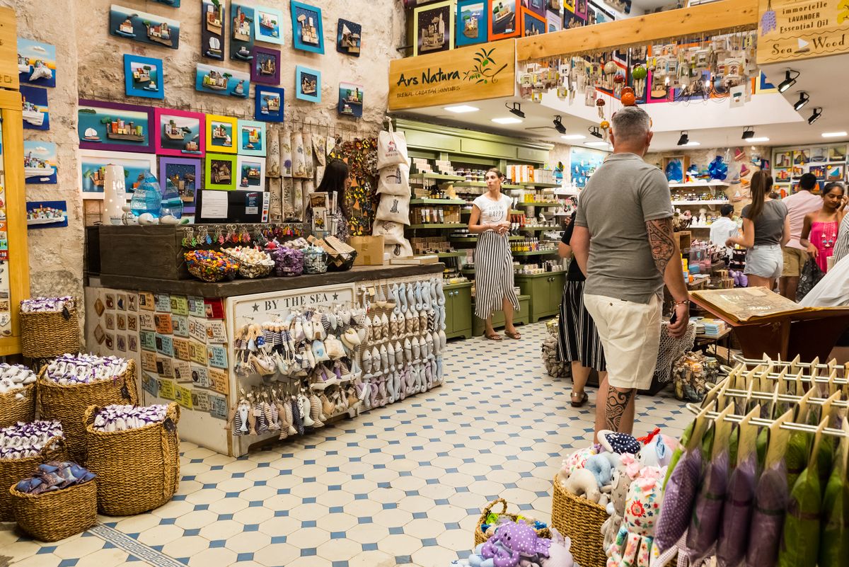 Split, Croatia, July 22.2019. souvenir shop at night in old town of Split