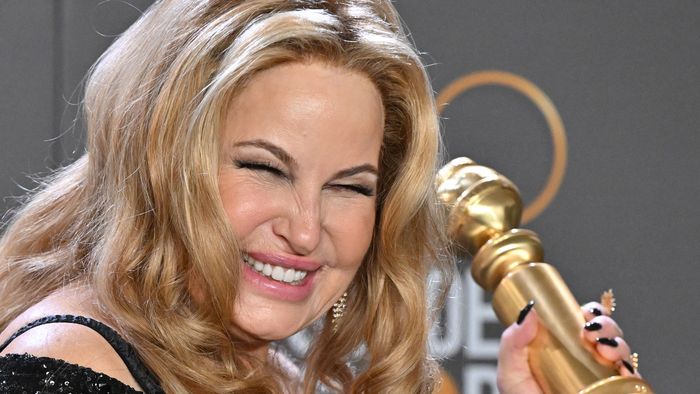 US actress Jennifer Coolidge poses with the award for Best Supporting Actress - Television Limited Series/Motion Picture for "The White Lotus" in the press room during the 80th annual Golden Globe Awards at The Beverly Hilton hotel in Beverly Hills, California, on January 10, 2023. 