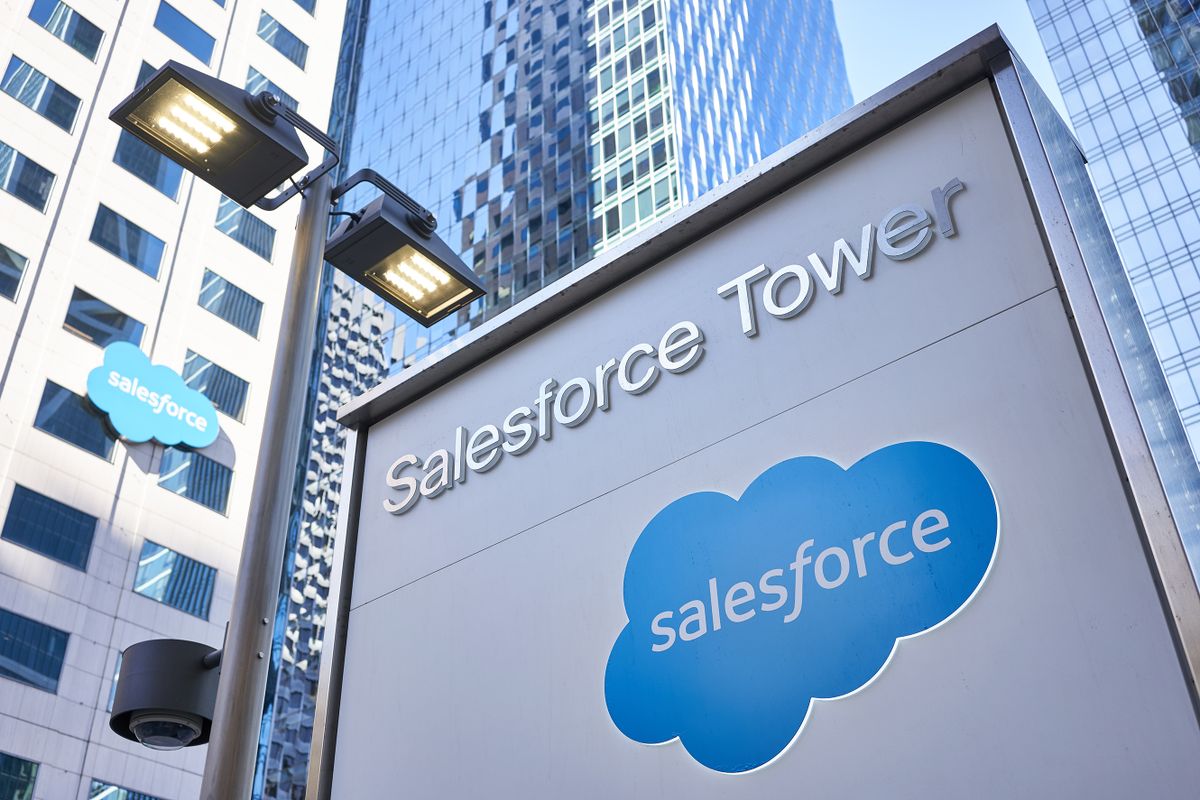 San Francisco, CA, USA - Feb 9, 2020: The entrance sign of Salesforce Tower, at the American cloud-based software company Salesforce.com, Inc.'s Headquarters campus in San Francisco, California.