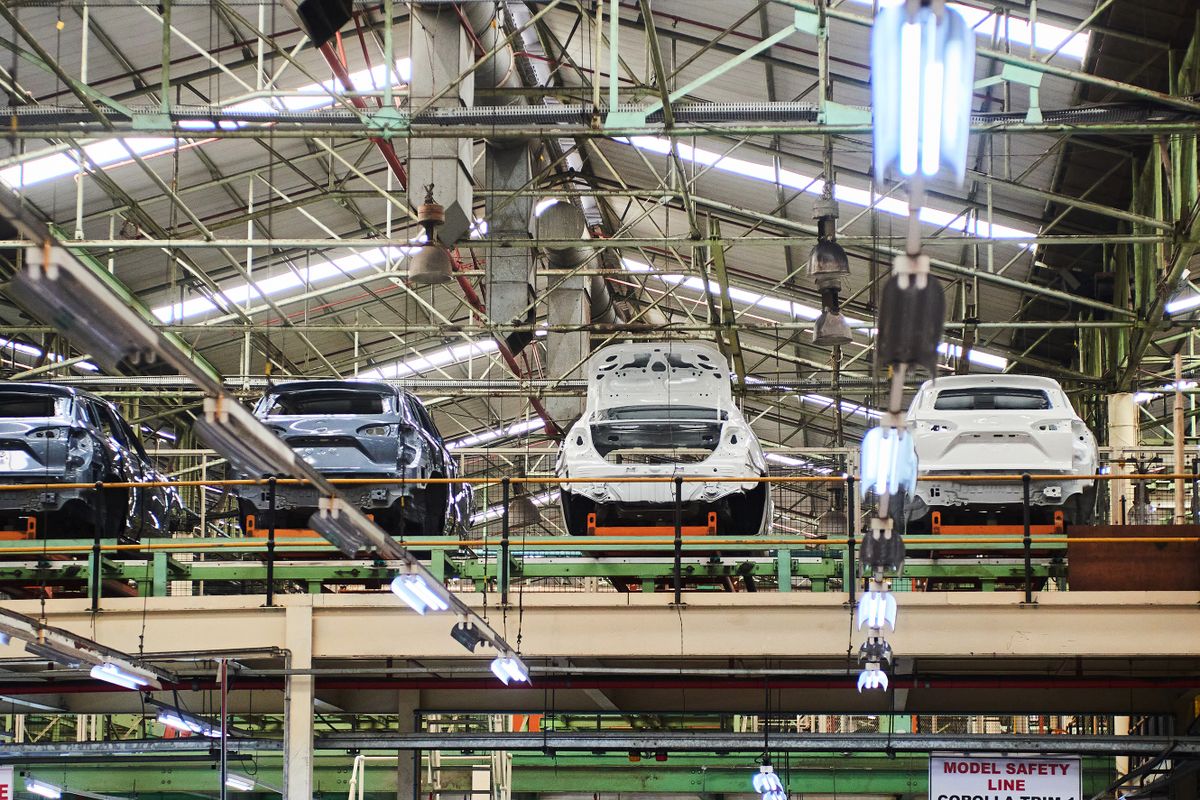 Semi-complete vehicles on the upper deck of the automobile production line at the Toyota Motor Corp. manufacturing plant in Durban, South Africa, on Tuesday, Aug. 16, 2022. Floods earlier in the year caused extensive damage to the Toyota plant, one of the country's biggest car manufacturers. 