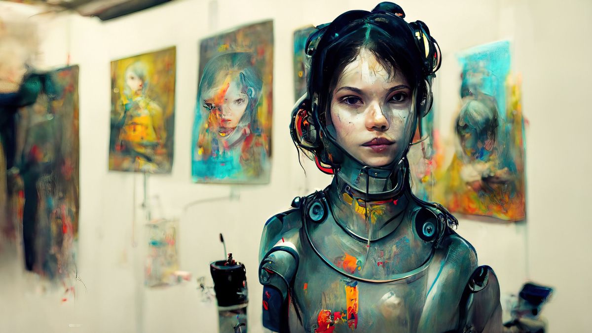 Humanoid AI robot working in an art studio painting a picture, Art making robot, AI artist artificial intelligence system that can create images and art from a description