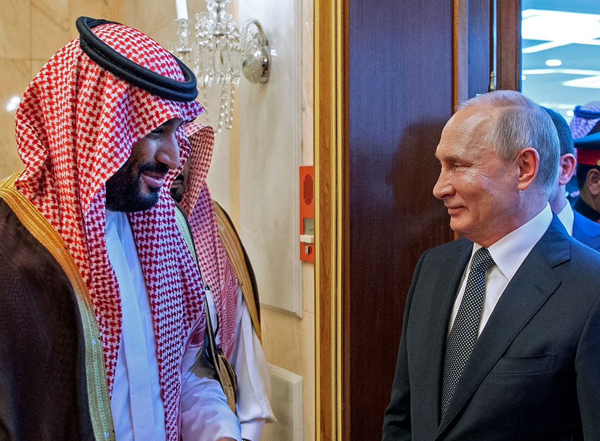 A handout picture provided by the Saudi Royal Palace shows Saudi Crown Prince Mohammed bin Salman (L) meeting with Russian President Vladimir Putin in Riyadh, Saudi Arabia, on October 14, 2019. 