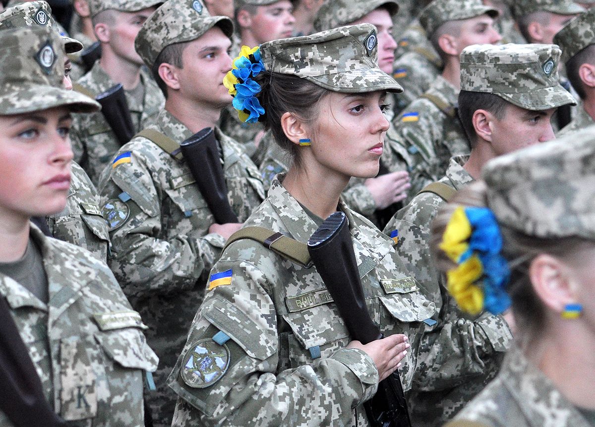 Ukraine soldiers The women soldier during a parade rehearsal in Kiev, dedicated to the Independence Day of Ukraine. Ukraine, Thursday, August 20, 2015 on Monday, August 24, Ukraine celebrates 24th anniversary of Independence. (Photo by Danil Shamkin/NurPhoto) (Photo by Danil Shamkin / NurPhoto / NurPhoto via AFP)