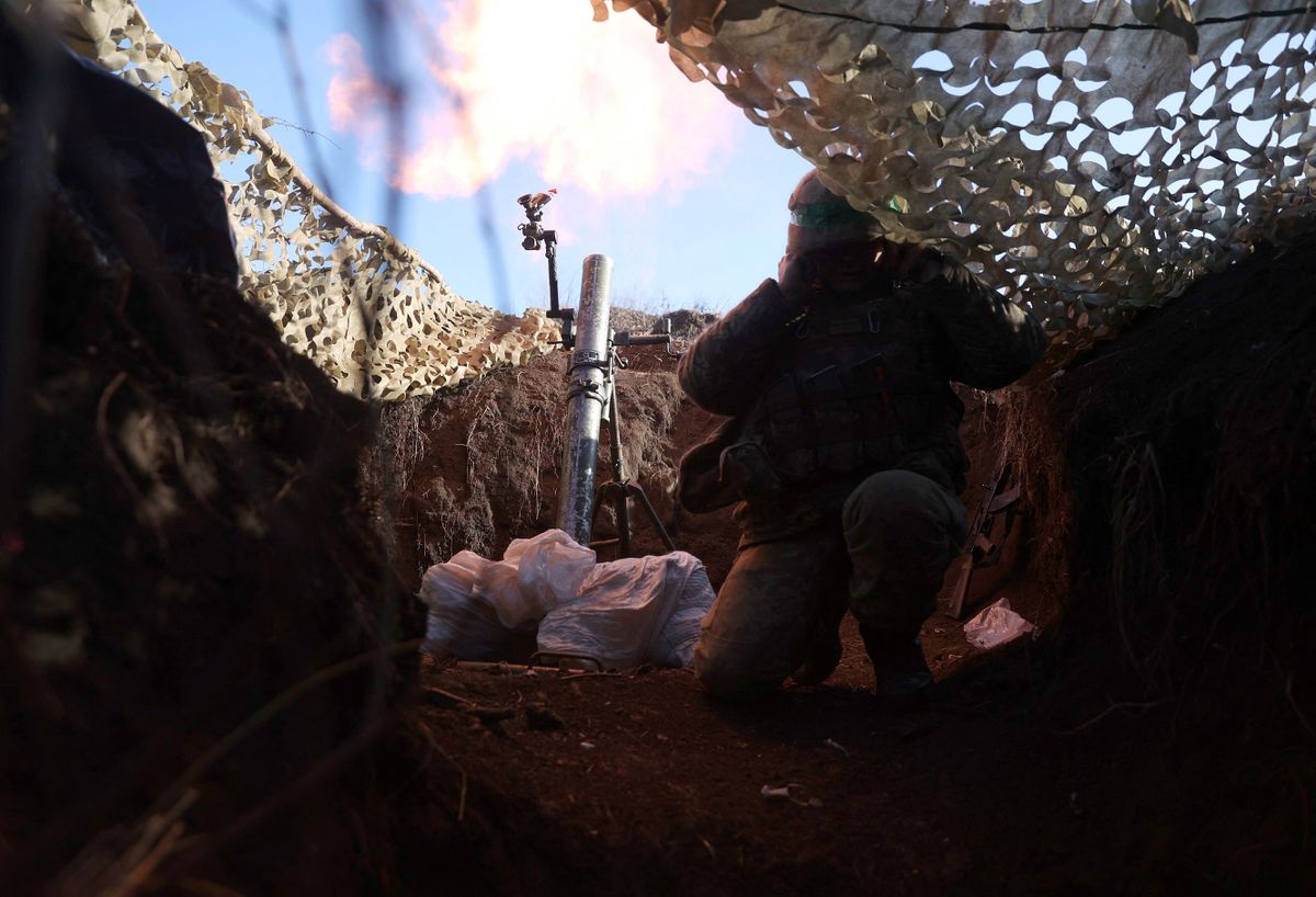 Ukrainian servicemen fire with mortars from their position not far from Bakhmut, Donetsk region on January 27, 2023, amid Russian invasion of Ukraine.