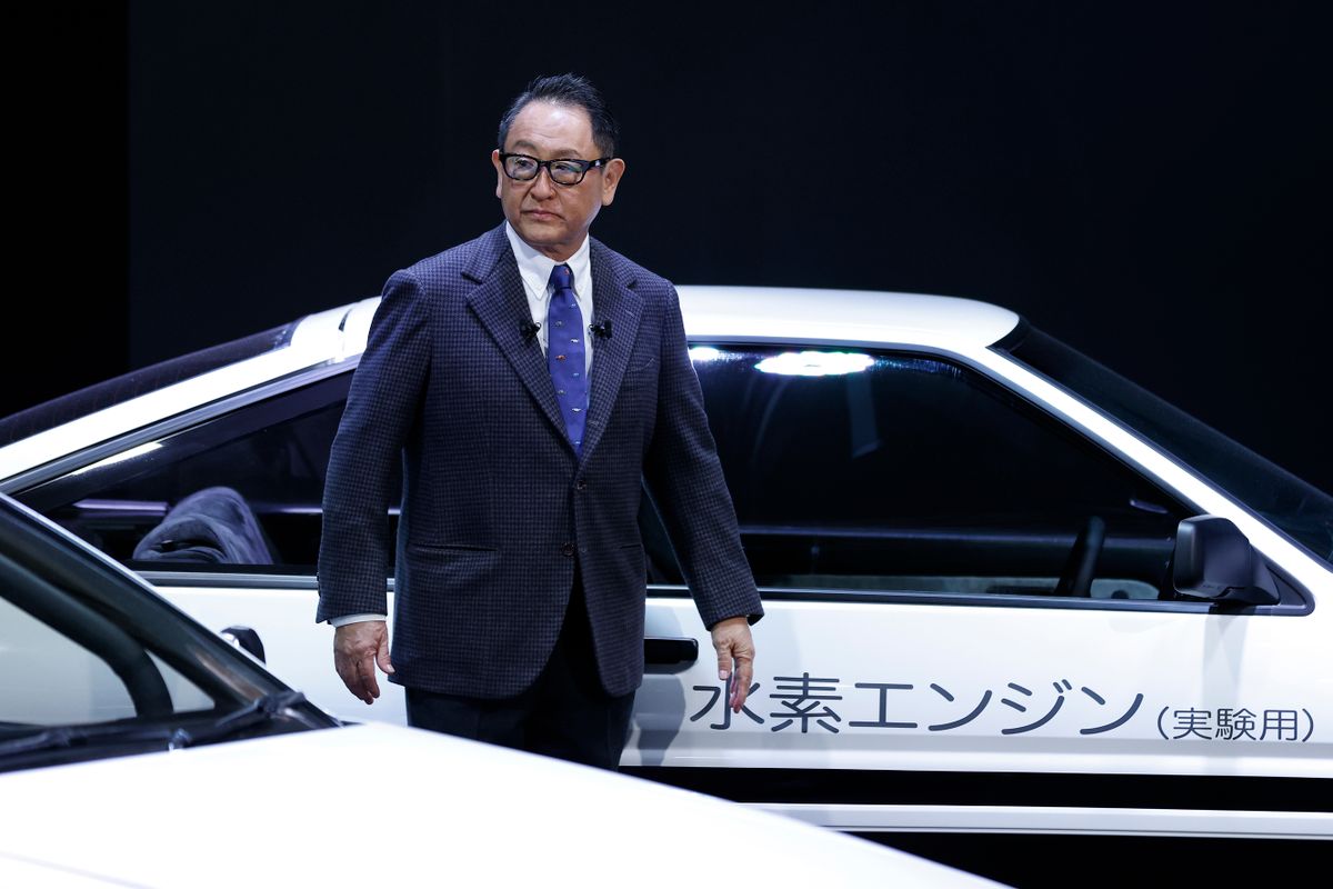 Akio Toyoda, president of Toyota Motor Corp., at the Tokyo Auto Salon in Chiba, Japan, on Friday, Jan. 13, 2023. The annual event at Makuhari Messe convention center runs through Jan. 15.  