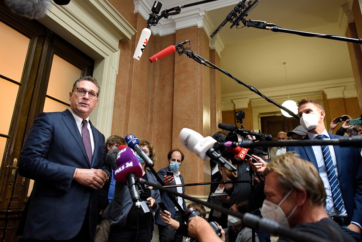 Verdict In Trial Of Heinz-Christian Strache On Bribery Charge
VIENNA, AUSTRIA - AUGUST 27: Heinz-Christian Strache reacts after being found guilty (not finally convicted) in his trial on bribery charges at Landesgericht Wien on August 27, 2021 in Vienna, Austria. Former Vice-Chancellor and ex-leader of the far-right Freedom Party (FPOe) Strache is accused of taking bribe money from the owner of the private clinic "Privatklinik Waehring" Walter Grubmueller to change legislation. (Photo by Thomas Kronsteiner/Getty Images)