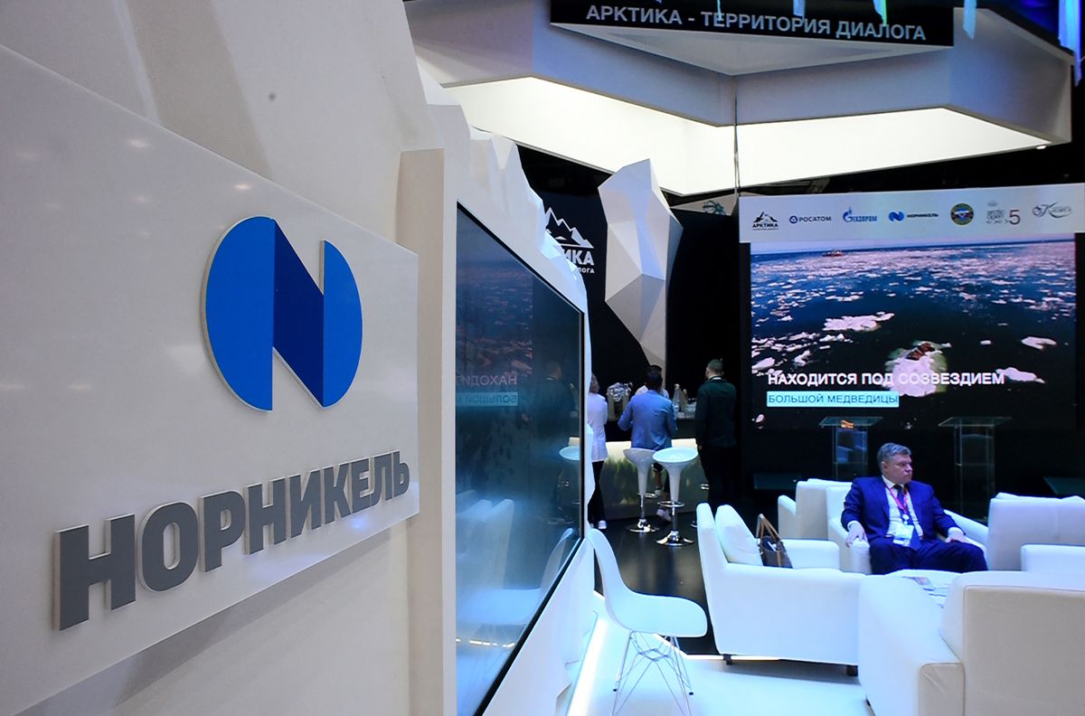 A picture shows the logo of Russia's metals and mining company Nornickel during the Saint Petersburg International Economic Forum (SPIEF), at the ExpoForum convention and exhibition centre in Saint Petersburg, on June 15, 2022. 