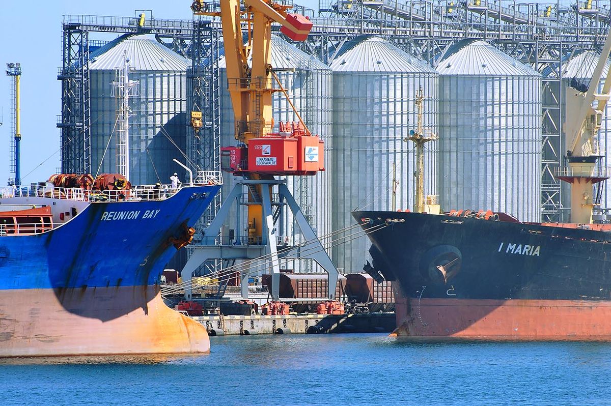 Odessa,Ukraine,-,May,31,2018:,Bulk,Carriers,Are,Moored Odessa Ukraine - May 31 2018: Bulk carriers are moored to the berth of grain terminal for loading grain