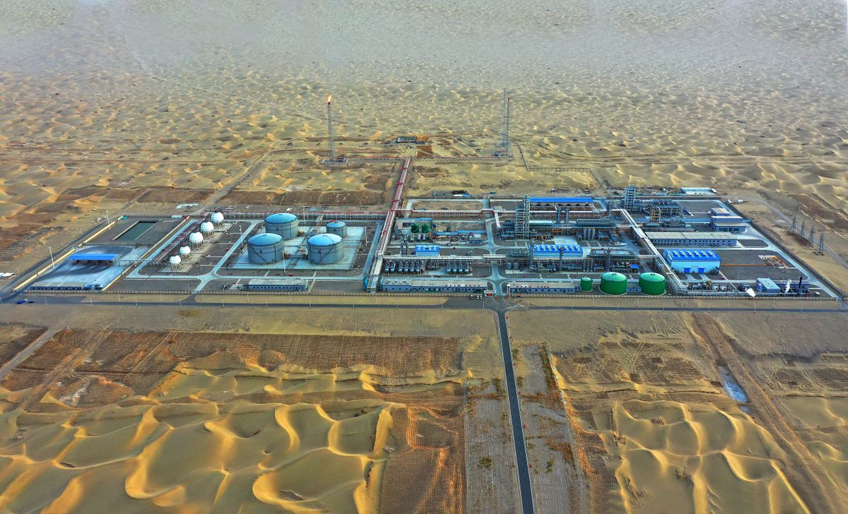 AKSU, CHINA - JANUARY 04: Aerial view of a gathering station inside the Shunbei oil and gas field operated by China Petroleum & Chemical Corporation (Sinopec) in the Taklimakan Desert on January 4, 2023 in Aksu Prefecture, Xinjiang Uygur Autonomous Region of China. 