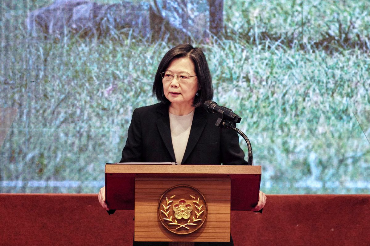 Taiwan's President Tsai Ing-wen speaks during a press conference at the presidential office in Taipei on December 27, 2022. - Taiwan's President Tsai Ing-wen announced on December 27, 2022 an extension in mandatory military service from four months to one year, saying the island needs to prepare for the increasing threat from China.