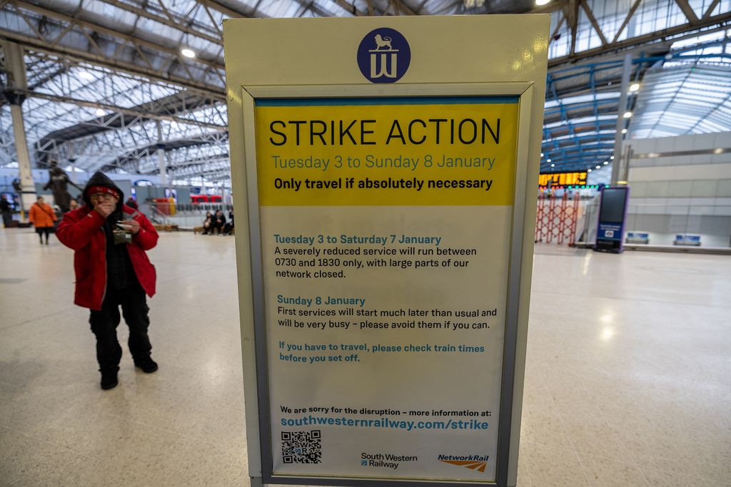 An information board about strike action was located at the entrance of Waterloo Station during railway strike action in the City of London, UK, on Tuesday, 3rd January, 2023. Rail workers in Britain will go on strike for most of this week, causing disruption to transportation. 