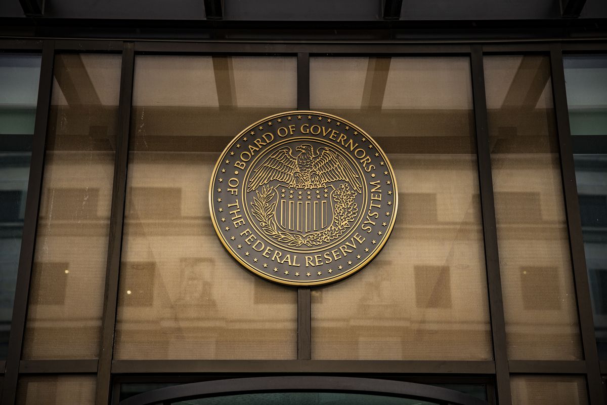 The seal of the US Federal Reserve Board of Governors at the William McChesney Martin Jr. Federal Reserve building  in Washington, DC, US, on Sunday, Jan. 29, 2023. The Federal Reserve chair, who last week tested positive for Covid-19, still plans to hold an in-person press conference following a meeting of the rate-setting Federal Open Market Committee. 