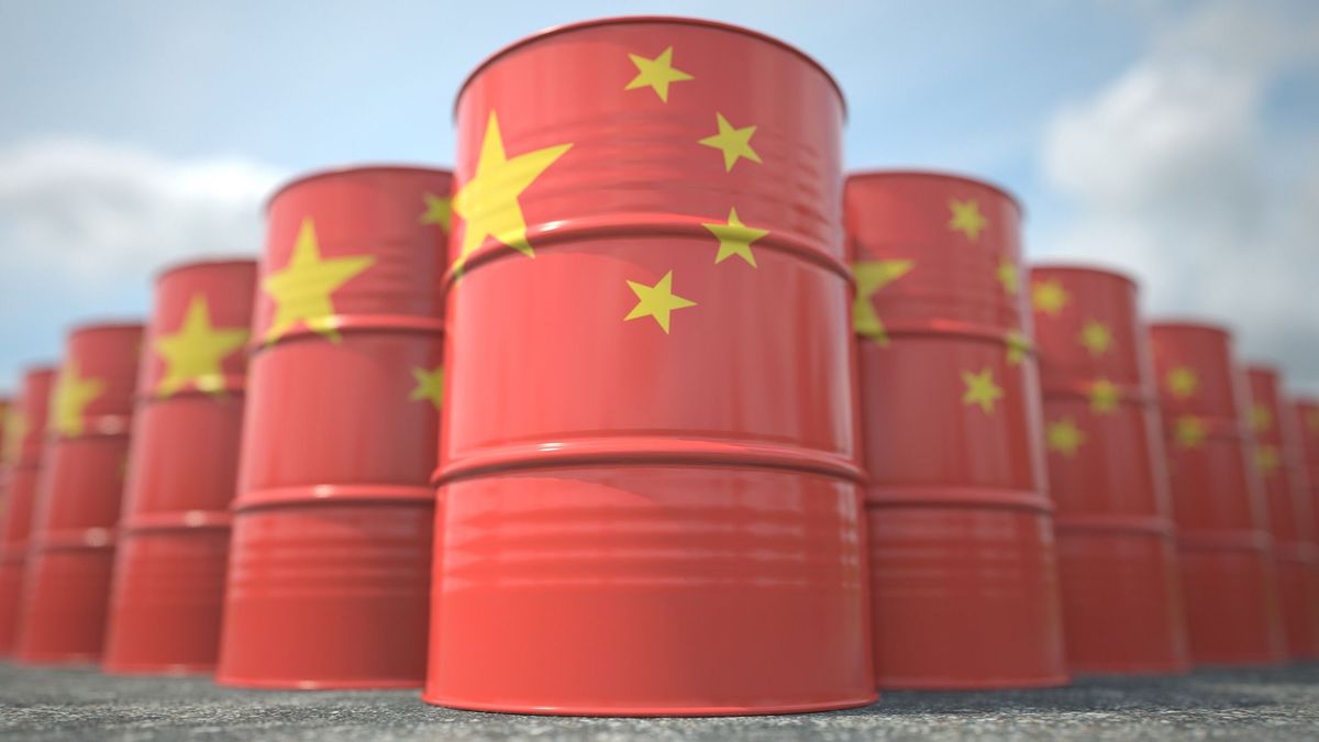 Barrels,Or,Oil,Drums,With,Flag,Of,China.,Petroleum,Or