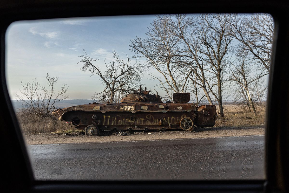 A photograph shows a destroyed Russian BMP infantry fighting vehicle in the Donetsk region, eastern Ukraine on January 2, 2023.