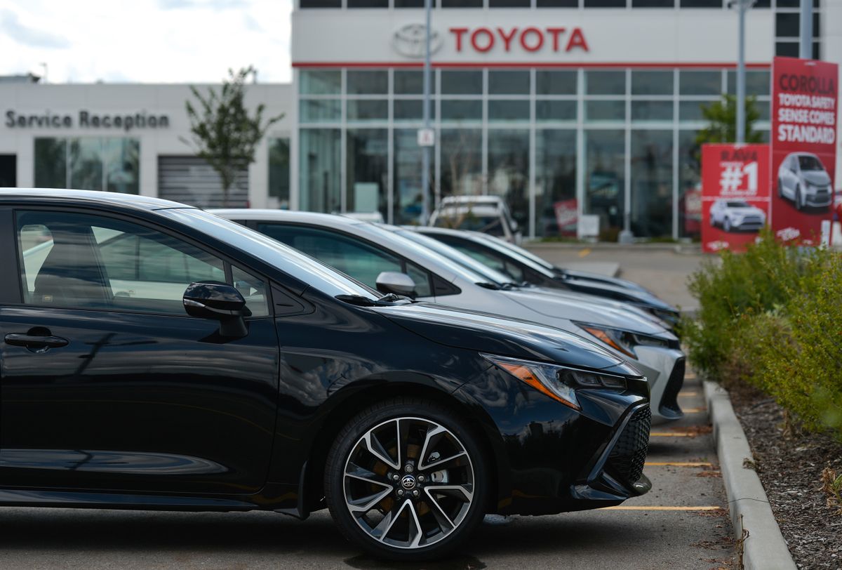 New Toyota cars parked outside a Toyota dealership in South Edmonton.On Tuesday, 23 August 2021, in Edmonton, Alberta, Canada. 
