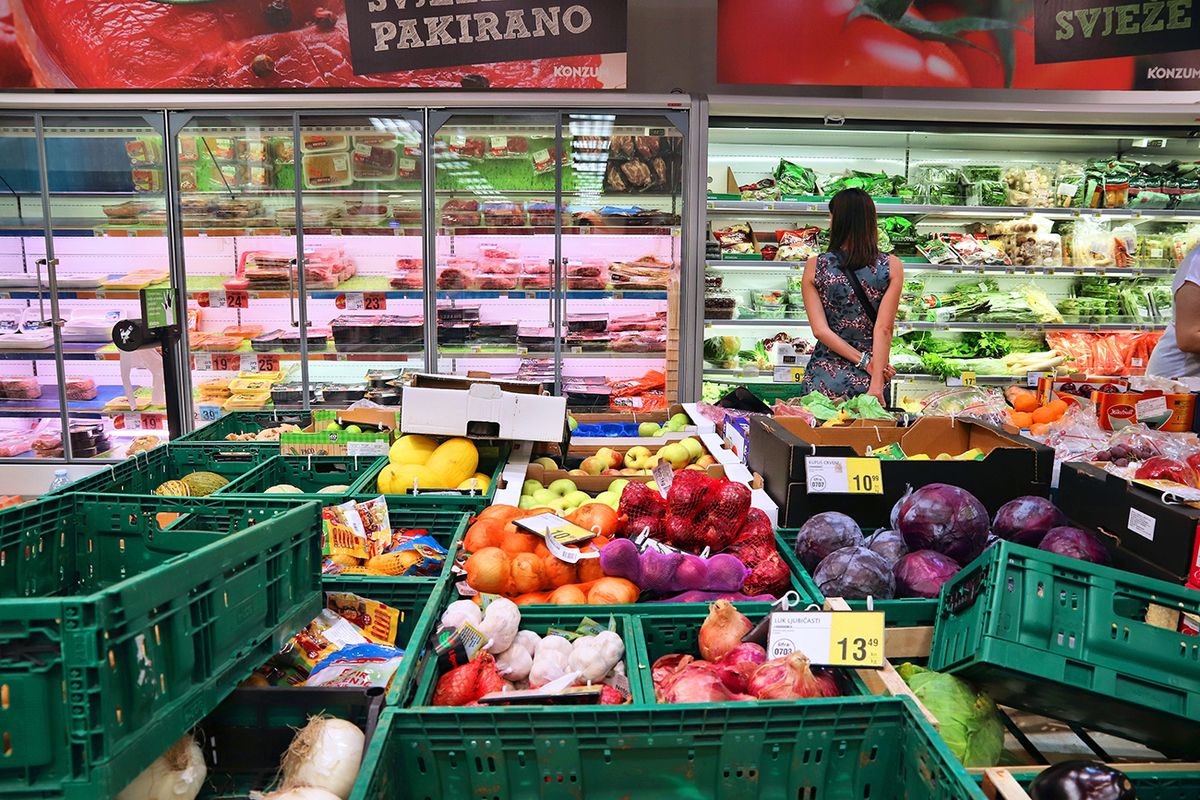 Zagreb,,Croatia,-,June,30,,2019:,Grocery,Store,Shelves,In ZAGREB, CROATIA - JUNE 30, 2019: Grocery store shelves in Croatia. Top 10 grocery retailers have 82 percent market share (3.72 billion EUR) in Croatia.
